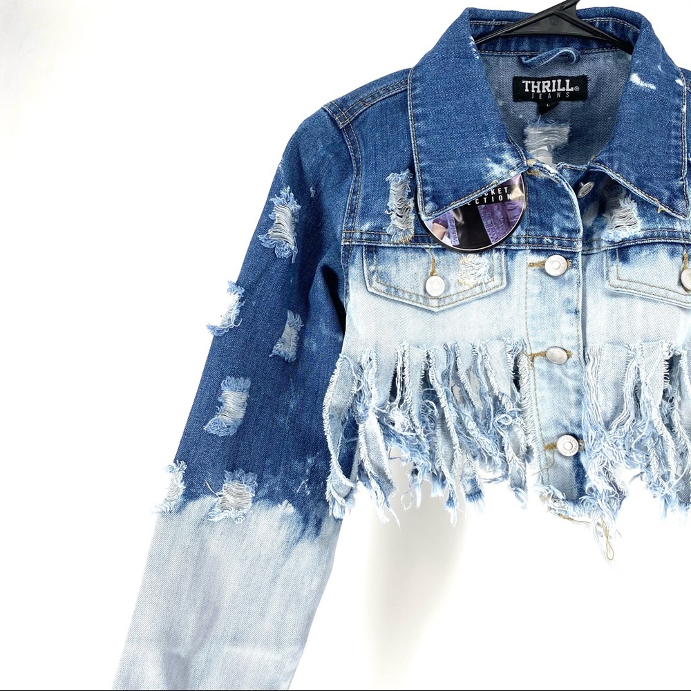 Thrill Women's Fringe Cropped Denim Jacket L - Picture 2 of 7